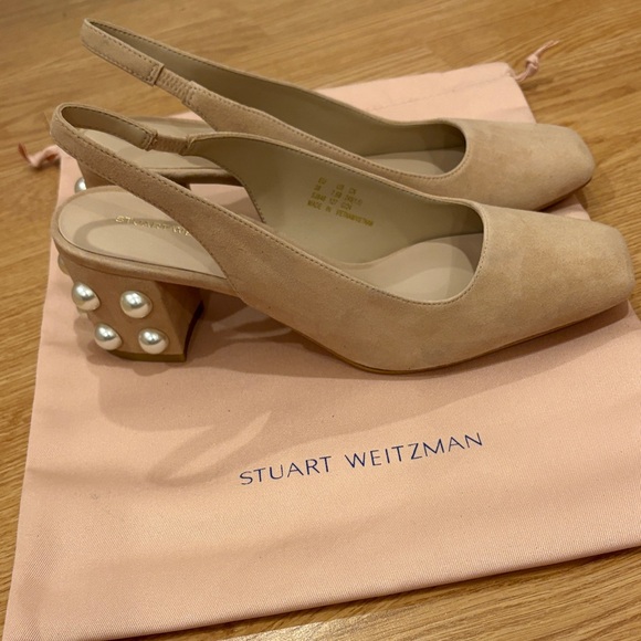 Stuart Weitzman Beige Slingback Heels with Pearl Detail - Picture 3 of 6